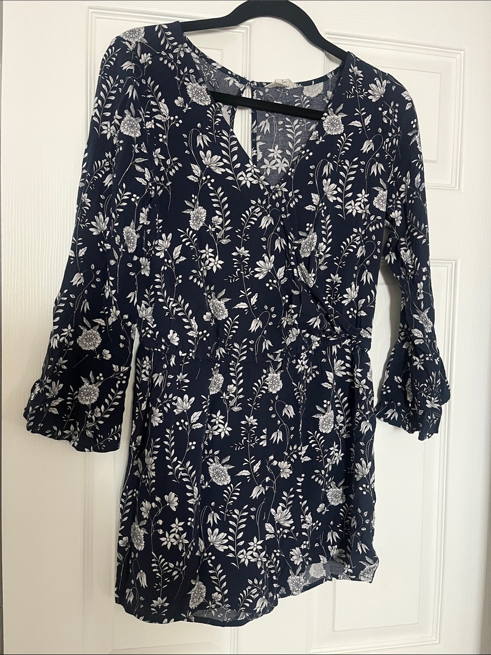 Aeropostale Navy and White Floral Wrap-Style Long Sleeve Dress